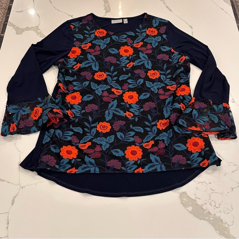 Susan Graver Blue Embroidered Floral Bell Sleeve Tunic Top L Slinky Knit Boho